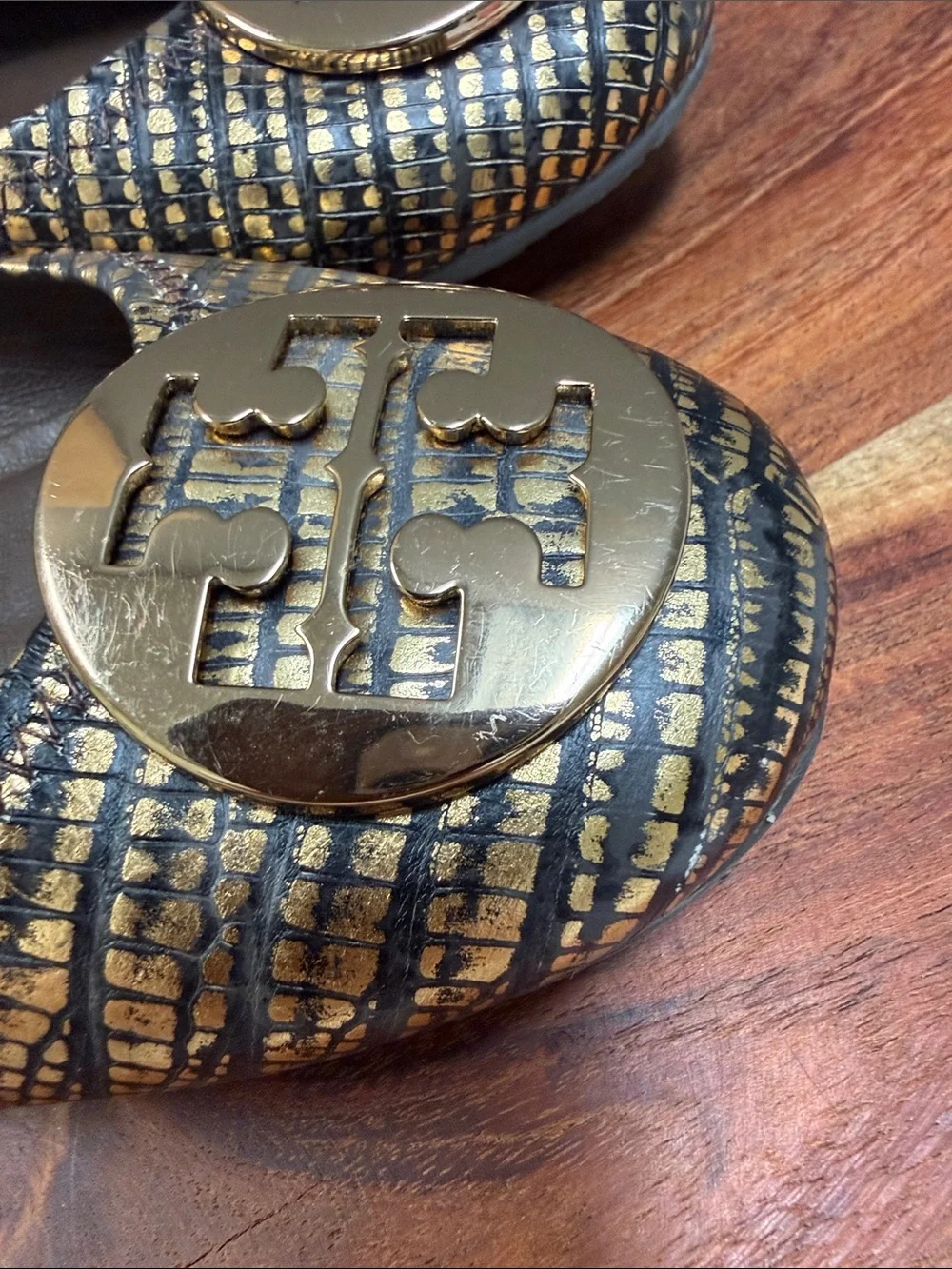 Tory Burch Reva Ballet Flats Gold Black Lizard Embossed Leather Size‎ 7.5